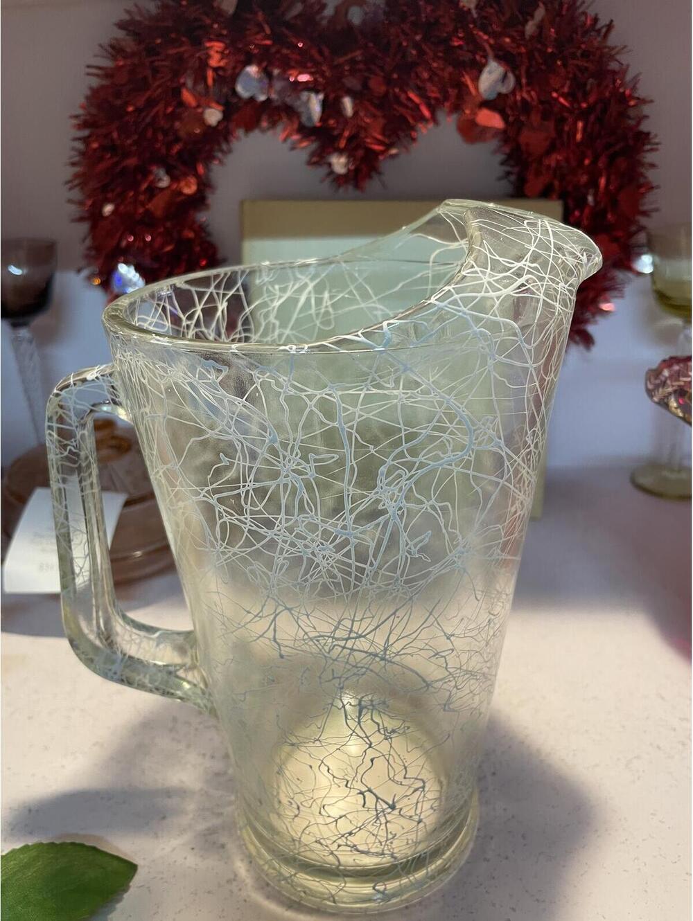 Hazel Atlas White Drizzle Glass Pitcher MCM Clear Spaghetti String
